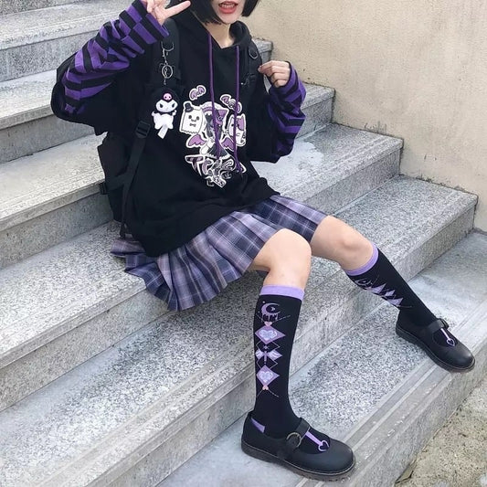 Anime Girl Cartoon Casual Stripe Loose Oversized Hoodie Sweater Sweatshirt Long Sleeve Pullover E-Girl Kawaii Korean Japanese Harajuku Streetwear