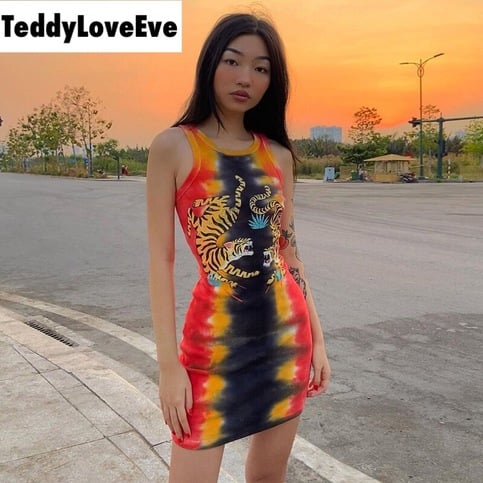Cute Sexy Tiger Punk Tie Dye Graphic Ribbed Sleeveless Bodycon Dress E-Girl Kawaii Korean Japanese Harajuku Chinese Retro Streetwear Aesthetic