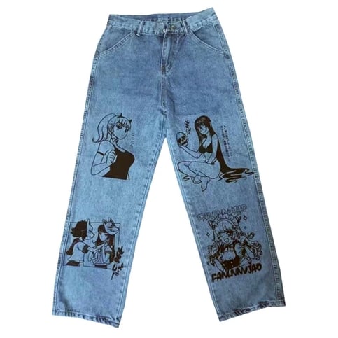 Cute Anime Girl Cartoon Print Denim Jeans Trousers Wide Leg Pants Bottoms Aesthetic Casual Summer E-Girl Kawaii Korean Japanese Harajuku