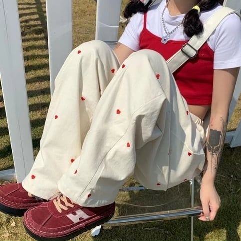 Cute Beige Love Hearts Wide Leg Pants Trouser Bottoms Aesthetic Casual Summer E-Girl Kawaii Korean Japanese Harajuku