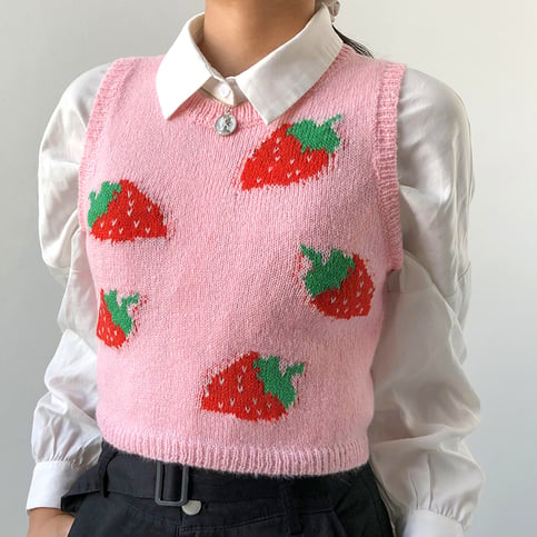 Cute Pink Strawberry V Neck Sleeveless Knit Crop Top Sweater Sweatshirt Pullover Jumper E-Girl Kawaii Korean Japanese Harajuku Streetwear
