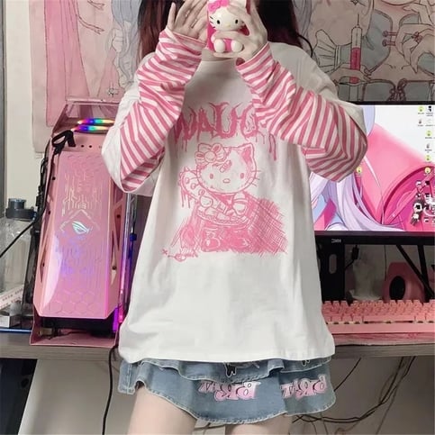 Cat Anime Print Loose Stripe Long Sleeve T-shirt