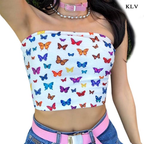 Cute Sexy Butterfly Print Colorful Crop Top Tube Off the Shoulder T-shirt Tee Shirt E-Girl Kawaii Korean Japanese Harajuku Retro Streetwear Fashion