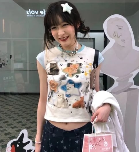 Cat Print Patchwork Short Sleeve T-shirt
