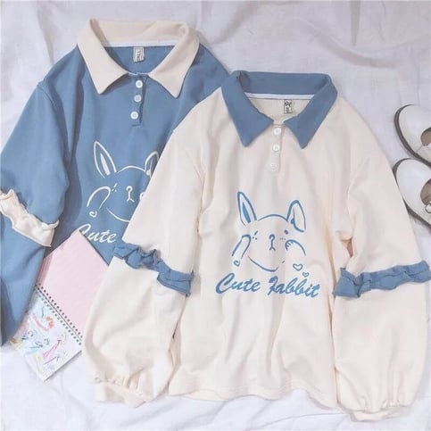 Cute Bunny Rabbit Graphic Vintage Collar Long Sleeve T- Shirt Sweatshirt Aesthetic Casual E-Girl Kawaii Korean Japanese Harajuku