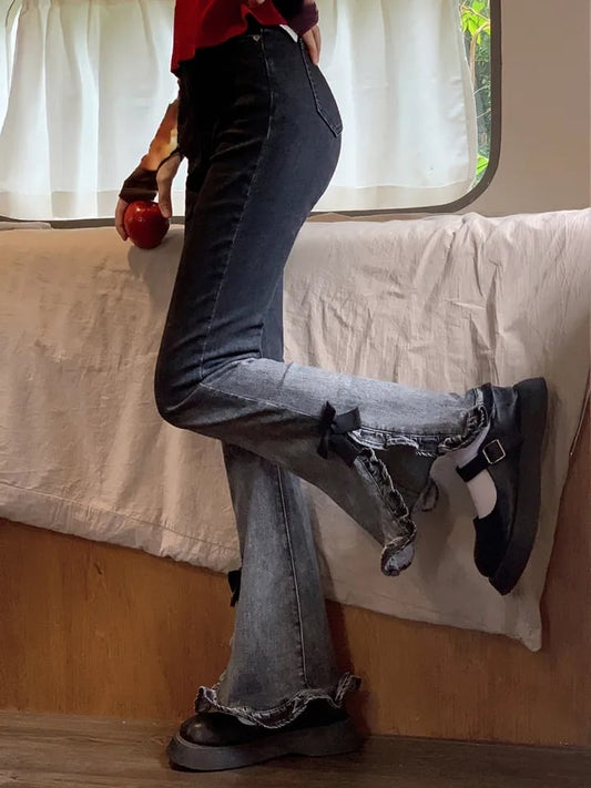 Sweet Bow High Waist Flare Denim Jeans