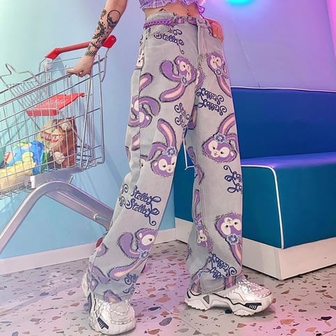 Cute Bunny Rabbit Cartoon Print High Waisted Denim Long Wide Leg Jeans Pants Trouser Aesthetic Casual Summer E-Girl Kawaii Korean Japanese Harajuku