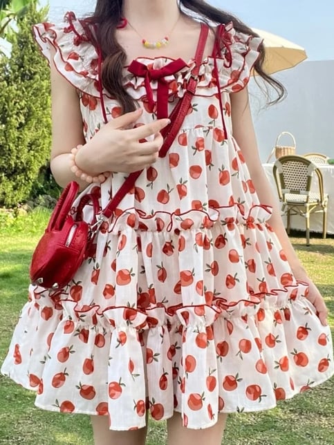 Apple Print Ruffle Mini Dress
