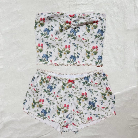 2PCS Pink Floral Print Frill Strapless Top + Shorts Set