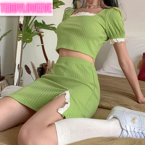 Cute Green Ribbed 2PCS Set Square Collar Puff Sleeve Lace Short Sleeve Crop Top Skirt Summer Party E-Girl Kawaii Korean Japanese Harajuku Streetwear