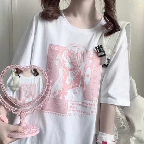 Pastel Pink Anime Girl Print Short Sleeve T-shirt