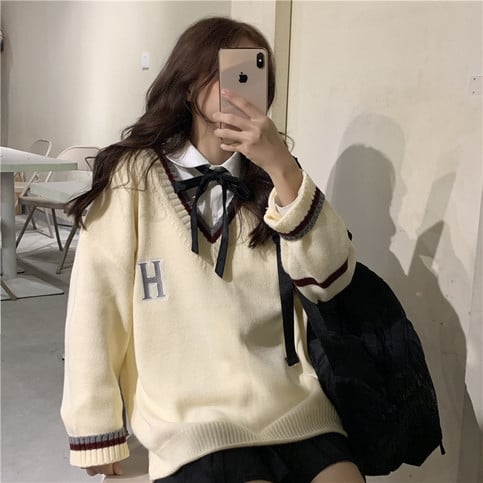 Cute Vintage Preppy V Neck Oversized Sweater Long Sleeve Shirt Pullover Hoodie Sweatshirt E-Girl Kawaii Korean Japanese Harajuku Retro Streetwear
