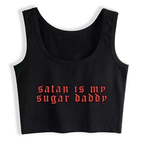 Cute Black Satan Sugar Daddy Print Crop Top Tank Sleeveless Shirt Aesthetic Casual E-Girl Kawaii Korean Japanese Harajuku