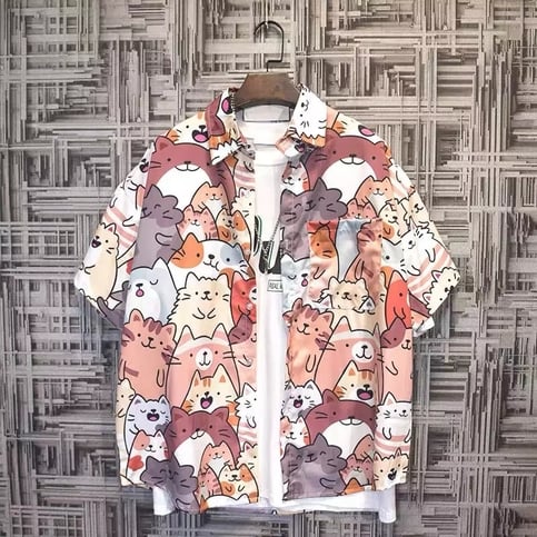 Cute Unisex Cat Cartoon Anime Print Loose Short Sleeve Shirt Button Up Aesthetic Casual Summer E-Girl Kawaii Korean Japanese Harajuku