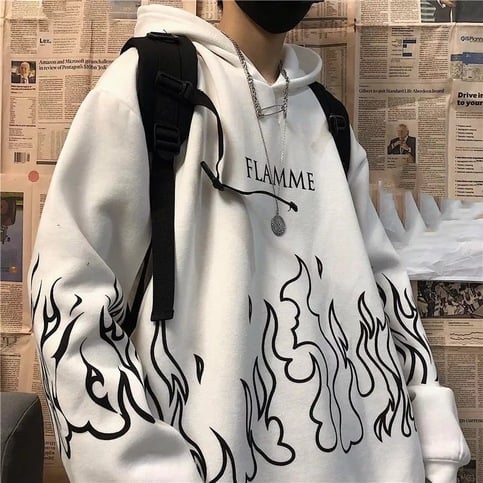 White Black Flame Fire Cartoon Casual Loose Oversized Hoodie Sweater Sweatshirt Long Sleeve Pullover E-Girl Kawaii Korean Japanese Harajuku Streetwear