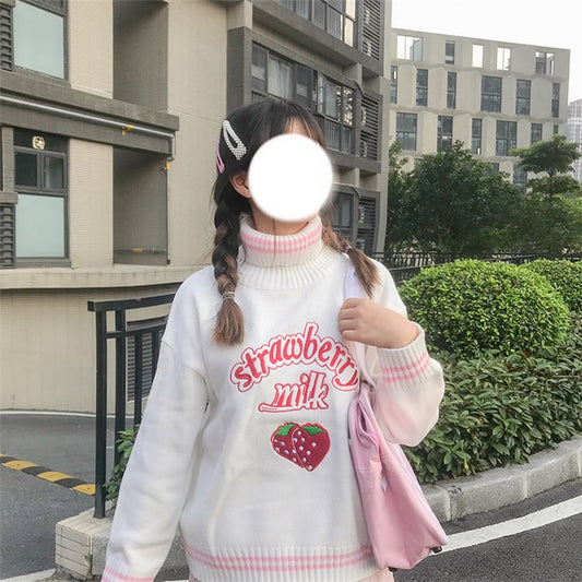 Cute Pastel Pink Strawberry Milk Turtleneck Knit Sweater Sweatshirt Jumper Long Sleeve Pullover E-Girl Kawaii Korean Japanese Harajuku Streetwear