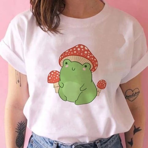 Cute Frog Mushroom Plant Cartoon Print Loose Oversize Short Sleeve T-shirt Punk Aesthetic Casual Summer E-Girl Kawaii Korean Japanese Harajuku