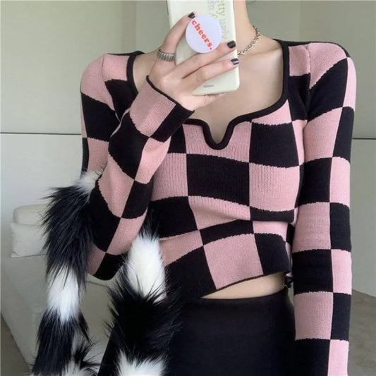 Pink & Black Checkboard Knit Sweater