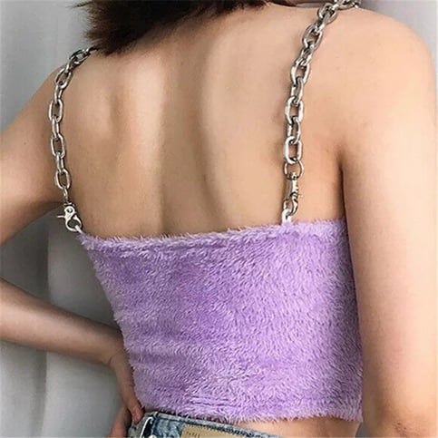 Cute Sexy Purple Chain Sling Fur Fluffy Casual Tank Crop Top Sleeveless Shirt Summer Club E-Girl Kawaii Korean Japanese Harajuku Retro Streetwear