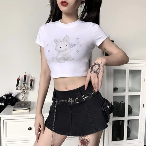 Rabbit Print Short Sleeve Crop Top