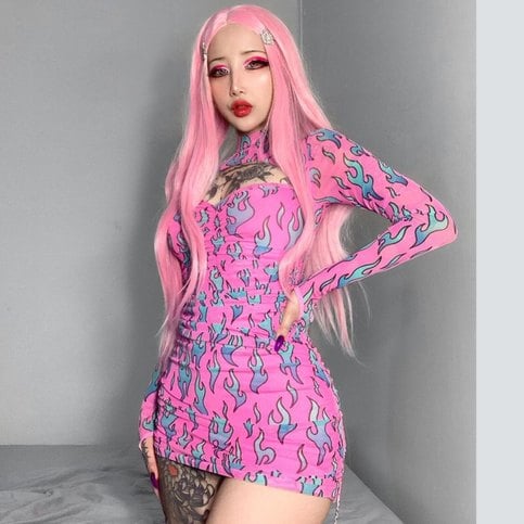 Sexy Pink Fire Flame Print Hollow Cut Out Long Sleeve Mini Dress Ruched Bodycon Club Party Summer E-Girl Kawaii Korean Japanese Harajuku Streetwear