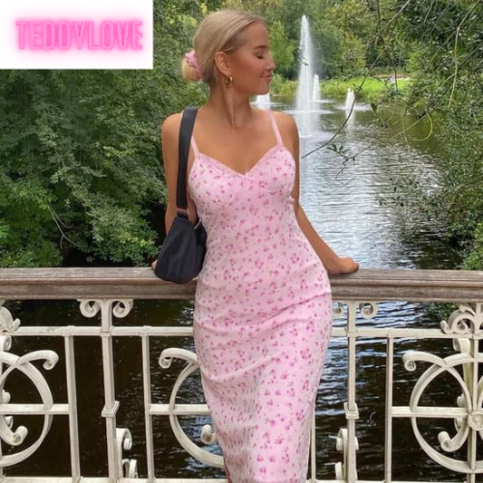 Cute Sexy Pink Floral Long Boho Dress Sleeveless V Neck Lace Trim Bodycon Party Club Beach Summer Vintage Casual E-girl Kawaii Korean