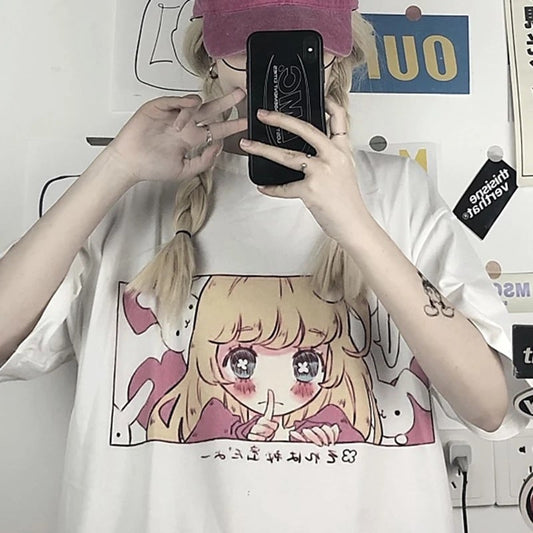 Cute Pink Anime Girl Cartoon Graphic Casual Short Sleeve Shirt Tee T-shirt E-Girl Kawaii Korean Japanese Harajuku Chinese Retro Streetwear Aesthetic