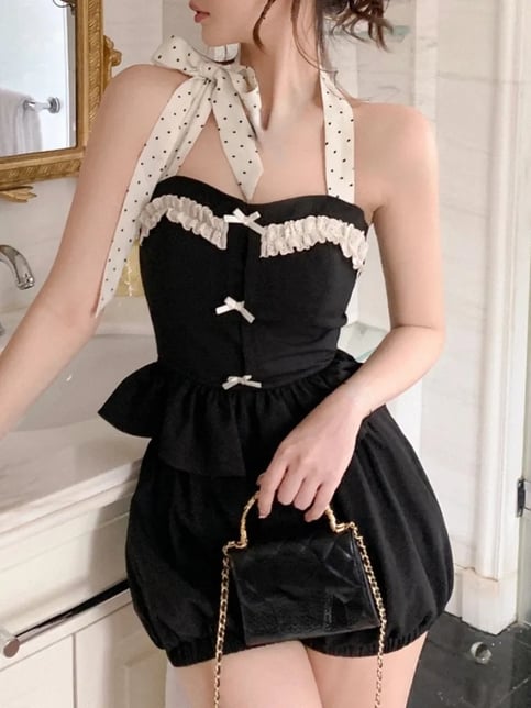 2PCS Vintage Polka Dot Bow Halter Top + Shorts