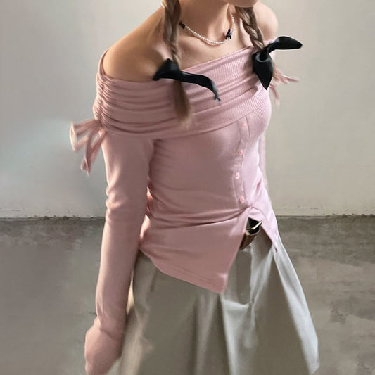 Pink Slash Neck Drawstring Long Sleeve Shirt