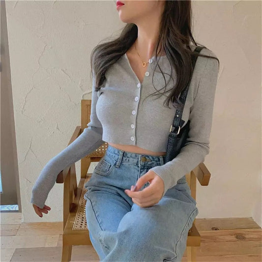 Cute Vintage O Neck Button Down Knit Cardigan Crop Top Sweater Sweatshirt Pullover Jumper E-Girl Kawaii Korean Japanese Harajuku Streetwear
