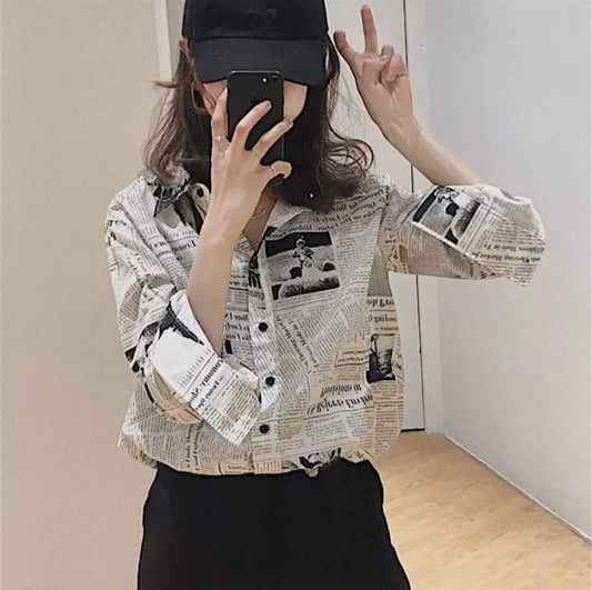 Cute Vintage Newspaper Letter Print Button Up Long Sleeve Shirt Blouse Top Aesthetic Casual E-Girl Kawaii Korean Japanese Harajuku