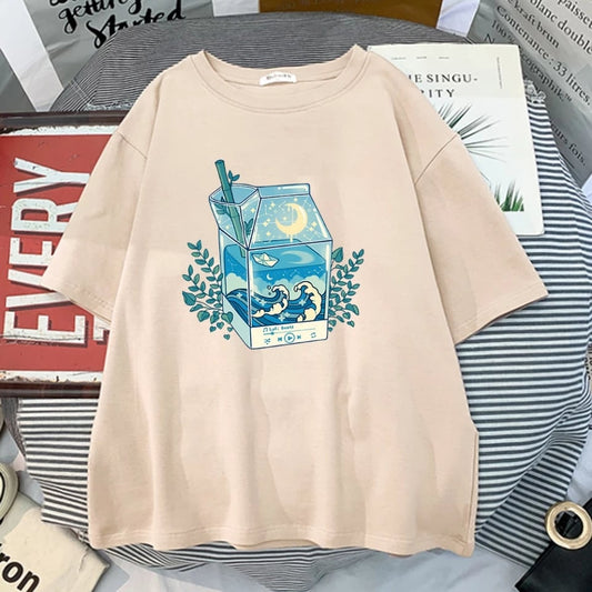 Cute Milk Box Moonlight Waves Print Crewneck Oversized Short Sleeve Shirt Aesthetic Casual E-Girl Kawaii Korean Japanese Harajuku