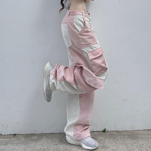 Pink Contrast Patchwork Cargo Pants