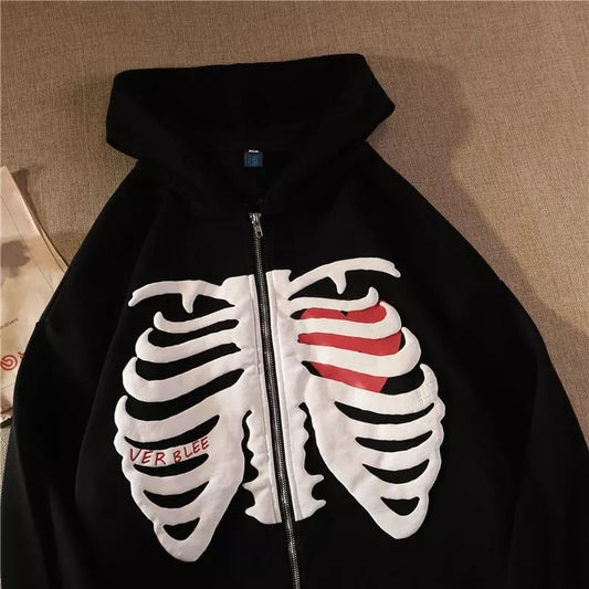 Retro Rib Skeleton Print Long Sleeve Hoodie Jacket Zipper Pullover Casual E-Girl Kawaii Korean Japanese Harajuku Streetwear