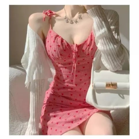 Cute Pink Heart Print Spaghetti Strap Sleeveless V-Neck Dress Summer Aesthetic Casual E-Girl Kawaii Korean Japanese Harajuku