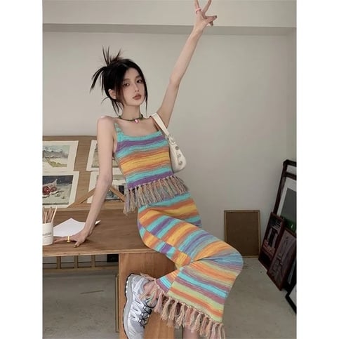 Rainbow Stripe Tassel Tank Top + Maxi Skirt