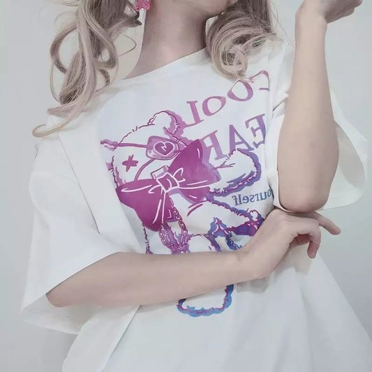 Black Bear Bow Cartoon Print Short Sleeve Tee Shirt T-shirt Top Goth Punk Causal Summer E-Girl Kawaii Korean Japanese Harajuku Streetwear