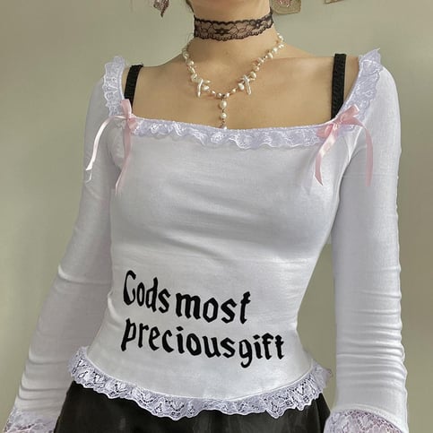 White Square Neck Lace Long Sleeve Crop Top
