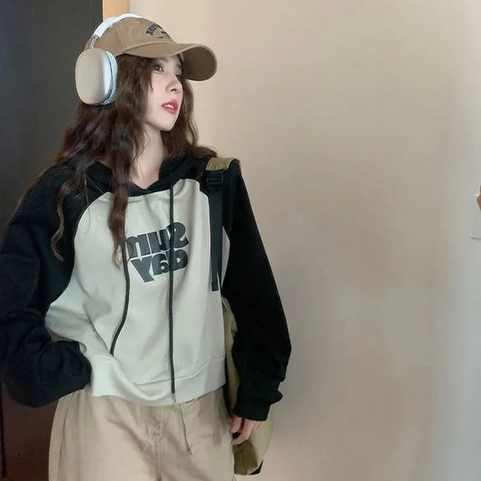 Oversized Sunday Patchwork Cropped Hoodie