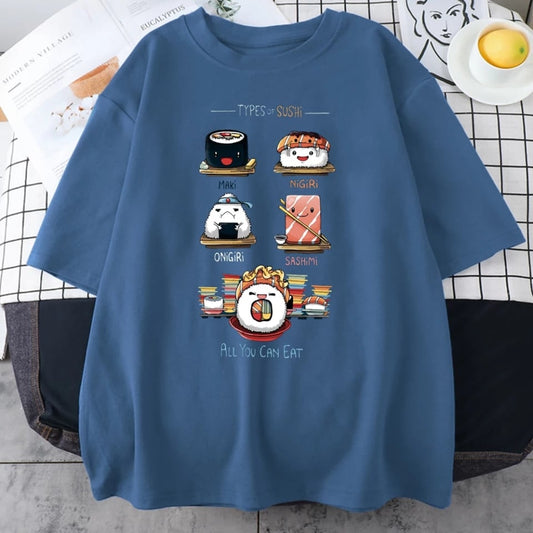 Cute Sushi Food Graphic Cartoon Print Loose Short Sleeve T-shirt Aesthetic Casual Summer E-Girl Kawaii Korean Japanese Harajuku