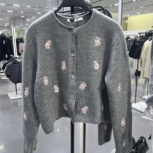 Grey Rabbit Embroidery Knit Cardigan