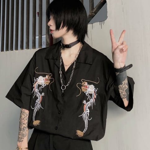 Dragon Embroidery Vintage Black Blouse Button Down Casual Loose Short Sleeve Tee Shirt T-shirt Top E-Girl Kawaii Korean Japanese Harajuku Streetwear