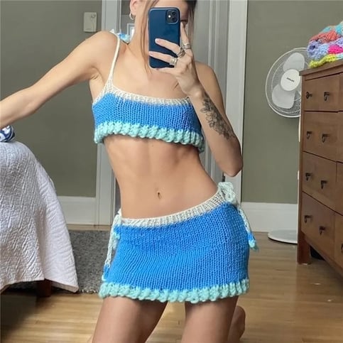 2PCS Blue Knit Tank Top + Mini Skirt