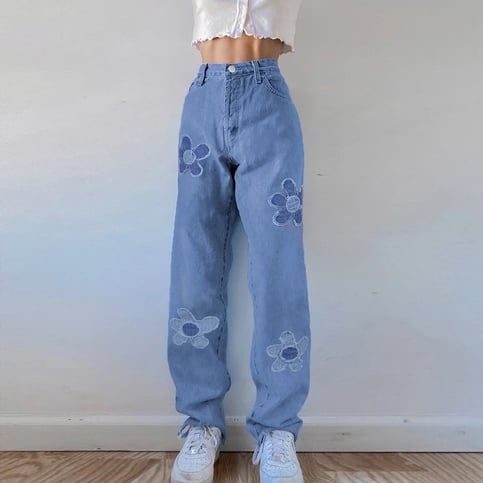 Cute Vintage Floral Patchwork Blue Denim High Waisted Jeans Pants Trouser Aesthetic Casual Summer E-Girl Kawaii Korean Japanese Harajuku