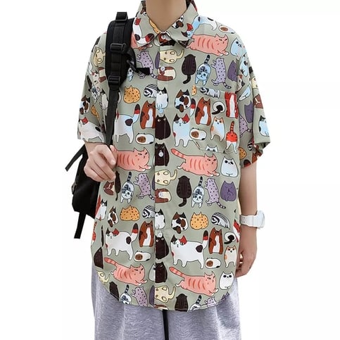 Cute Vintage Unisex Cat Cartoon Print Loose Short Sleeve Shirt Button Up Aesthetic Casual Summer E-Girl Kawaii Korean Japanese Harajuku