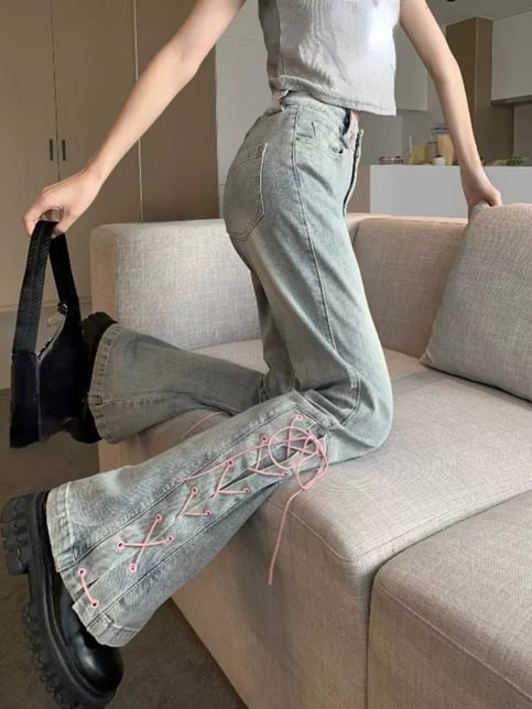 Pink Lace Up Bow Flare High Waist Jeans