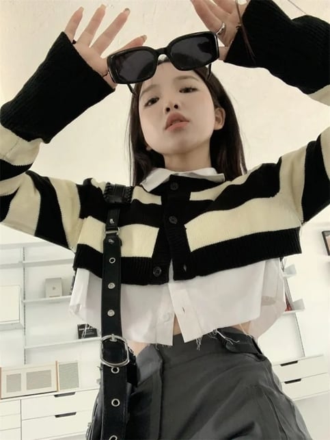 2PCS Stripe Sweater + White Shirt