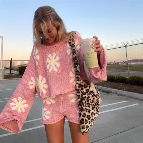 Floral Knit Long Sleeve Pullover + Shorts