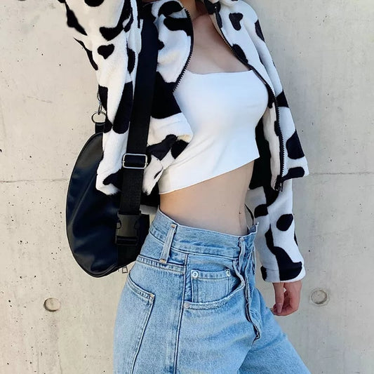 Cute Cow Animal Print Faux Fur Coat Jacket Zipper Sweater Jumper Casual E-Girl Kawaii Korean Japanese Harajuku Chinese Retro Streetwear Aesthetic