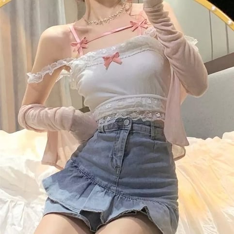 Cute Sweet Lace Bow Sling Crop Top Sleeveless Shirt 90S Summer Aesthetic Casual E-Girl Kawaii Korean Japanese Harajuku